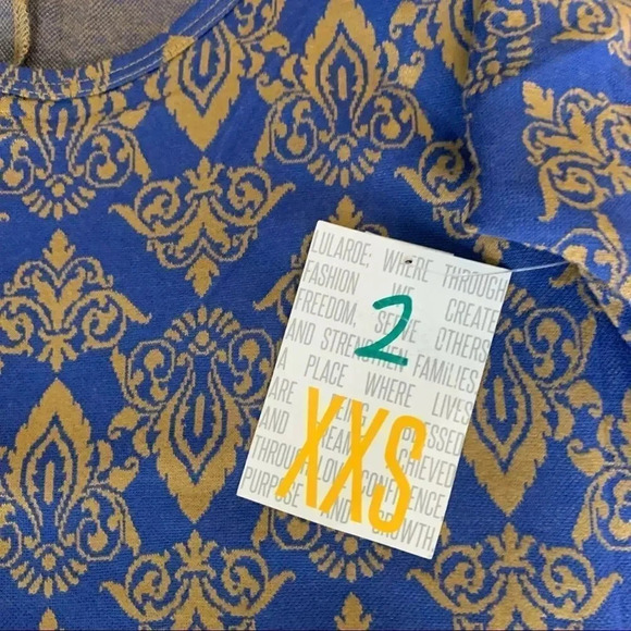 LuLaRoe NWT Perfect T Blue Gold Fleur-de-lis Knit Swing Top XXS - Picture 16 of 16